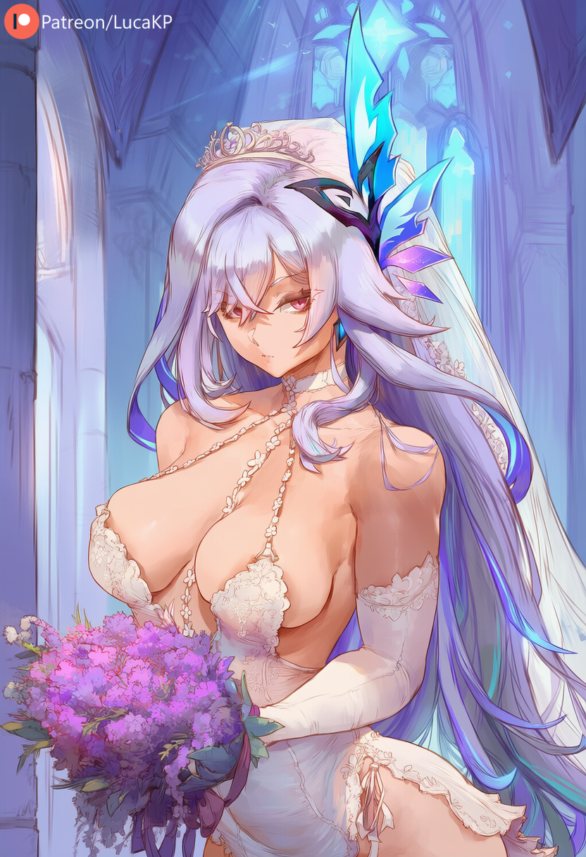1girls, ai generated, blue hair, breasts, church, female, female only, flower, flowers, genshin impact, holding flower, hoyoverse, large breasts, lingerie, long hair, looking at viewer, lucakp, mihoyo, patreon, patreon link, patreon logo, patreon url, patreon username, skirk (genshin impact), tagme, voluptuous, voluptuous female, wedding, wedding dress, wedding lingerie, wedding veil