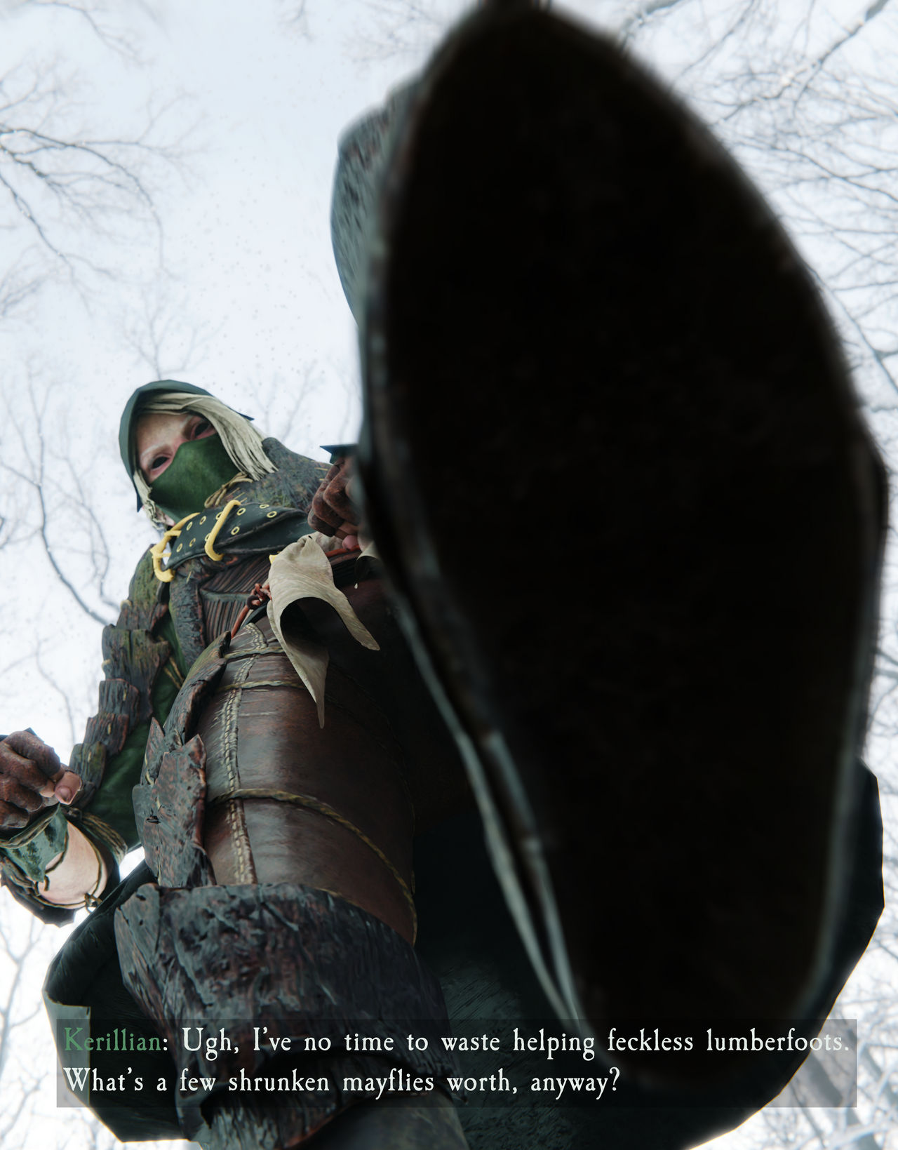 1girls 3d 80lines black_eyes clothed crush dominant_female elf female footwear giantess imminent_death kerillian larger_female looking_at_viewer looking_down looking_down_at_viewer low-angle_view pov size_difference stepped_on stomping stomping_pov talking text text_box underfoot vermintide viewer_pov warhammer_fantasy worm's-eye_view