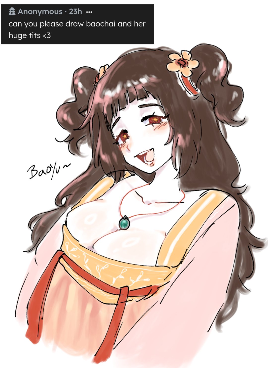 1girls, amulet, blush, breasts, brown eyes, brown hair, china dress, cleavage, drill hair, female, jewelry, large breasts, limbus company, looking at viewer, necklace, open mouth, project moon, request, simple background, smile, symbol-shaped pupils, tied hair, twin drills, white background, xue baochai