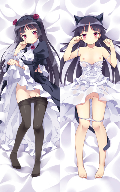 animal_ears barefoot bed bed_sheet black_hair blush breasts cat_ears cat_pose cat_tail dakimakura dress dress_lift feet female flat_chest flower frills gokou_ruri gothic_lolita hair_flower hair_ornament lolita_fashion long_hair looking_at_viewer lying multiple_views nipples on_back ore_no_imouto_ga_konna_ni_kawaii_wake_ga_nai panties pantyhose paw_pose pussy red_eyes red_rose rie_(reverie) rose solo strap_slip tail uncensored underwear undressing