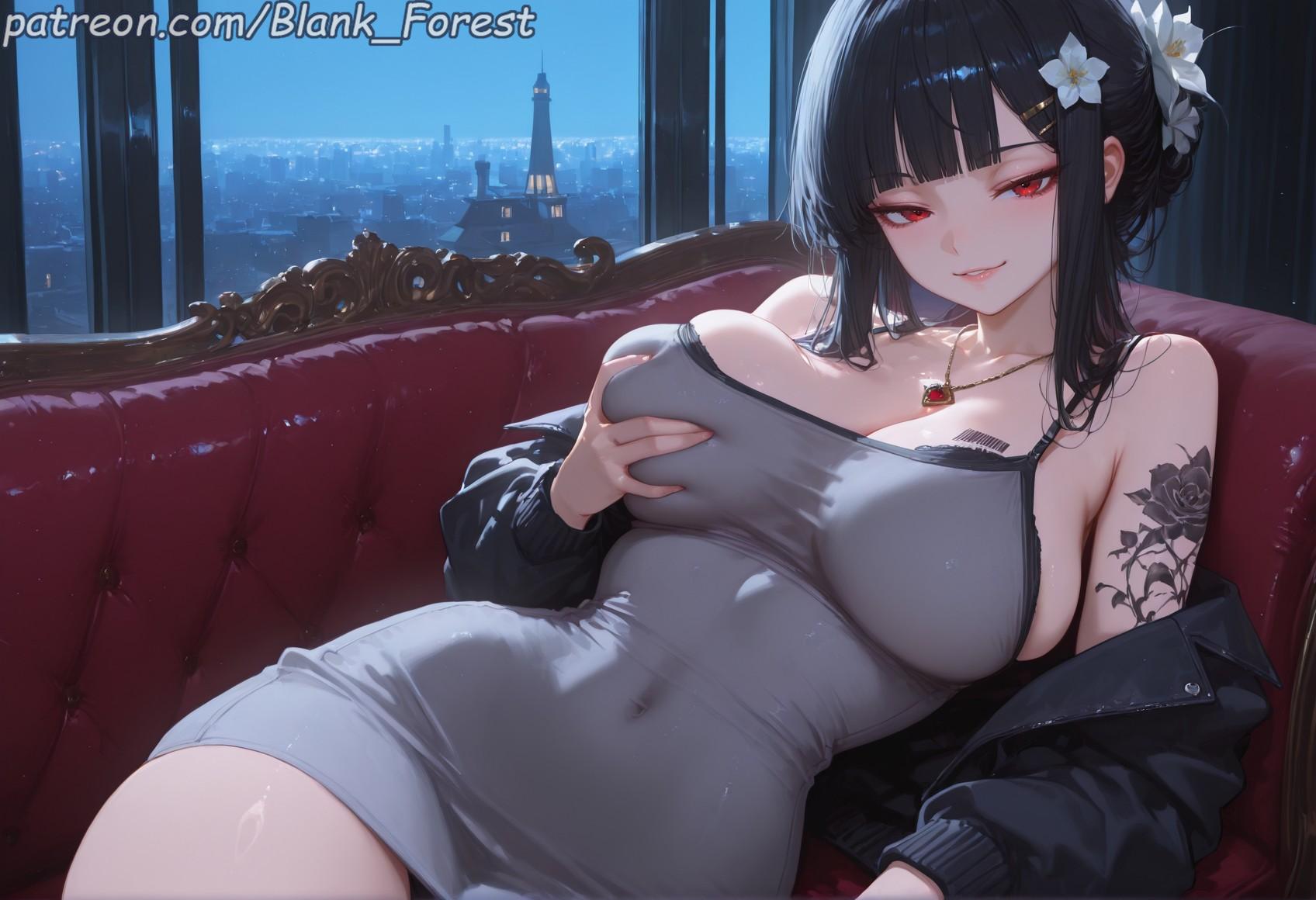 ai generated, arm support, arm tattoo, bangs, bare shoulders, black dress, black hair, black jacket, black panties, blank forest, blue sky, blunt bangs, blush, breast tattoo, breasts, cleavage, closed mouth, collarbone, couch, covered navel, covered nipples, d (killer wife) (nikke), day, deep skin, dress, dutch angle, earrings, eyebrows visible through hair, female, fingernails, flower, goddess of victory: nikke, grabbing, grabbing own breast, grin, hair bun, hair flower, hair ornament, hairclip, half-closed eyes, hand on breast, hand on own chest, indoors, jacket, jewelry, large breasts, leaning back, lips, long hair, long sleeves, looking at viewer, lying, mole, mole under eye, nail polish, navel, necklace, night, ocean, off shoulder, open clothes, open jacket, open mouth, outdoors, panties, parted lips, pink nails, pool, poolside, reclining, red eyes, self fondle, shiny, shiny skin, ship, short dress, short hair, shoulder tattoo, sidelocks, sitting, sky, smile, solo, swimsuit, tank top, tattoo, taut clothes, thighs, underwear, water, watercraft, white flower, window