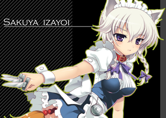 animal_ears between_fingers blush bow braid breasts butt_plug_tail buttplug buttplug_tail character_name collar dog_ears female hairbow hanao_(kuma-tan_flash!) inu_sakuya kemonomimi_mode knife maid pocket_watch purple_eyes sakuya_izayoi short_hair silver_hair solo tail throwing_knife touhou twin_braids watch weapon wrist_cuffs