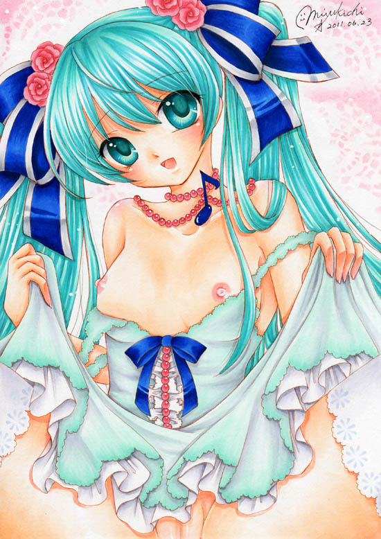 1girls aqua_eyes aqua_hair bare_shoulders breasts dress female flower hair_flower hair_ornament hair_ribbon hatsune_miku jewelry long_hair marker_(medium) mocomoco_party musical_note necklace nipples no_panties open_mouth pastel_(medium) pussy ribbon skirt skirt_lift solo spread_legs strap_slip thighhighs tied_hair traditional_media twintails uncensored very_long_hair vocaloid