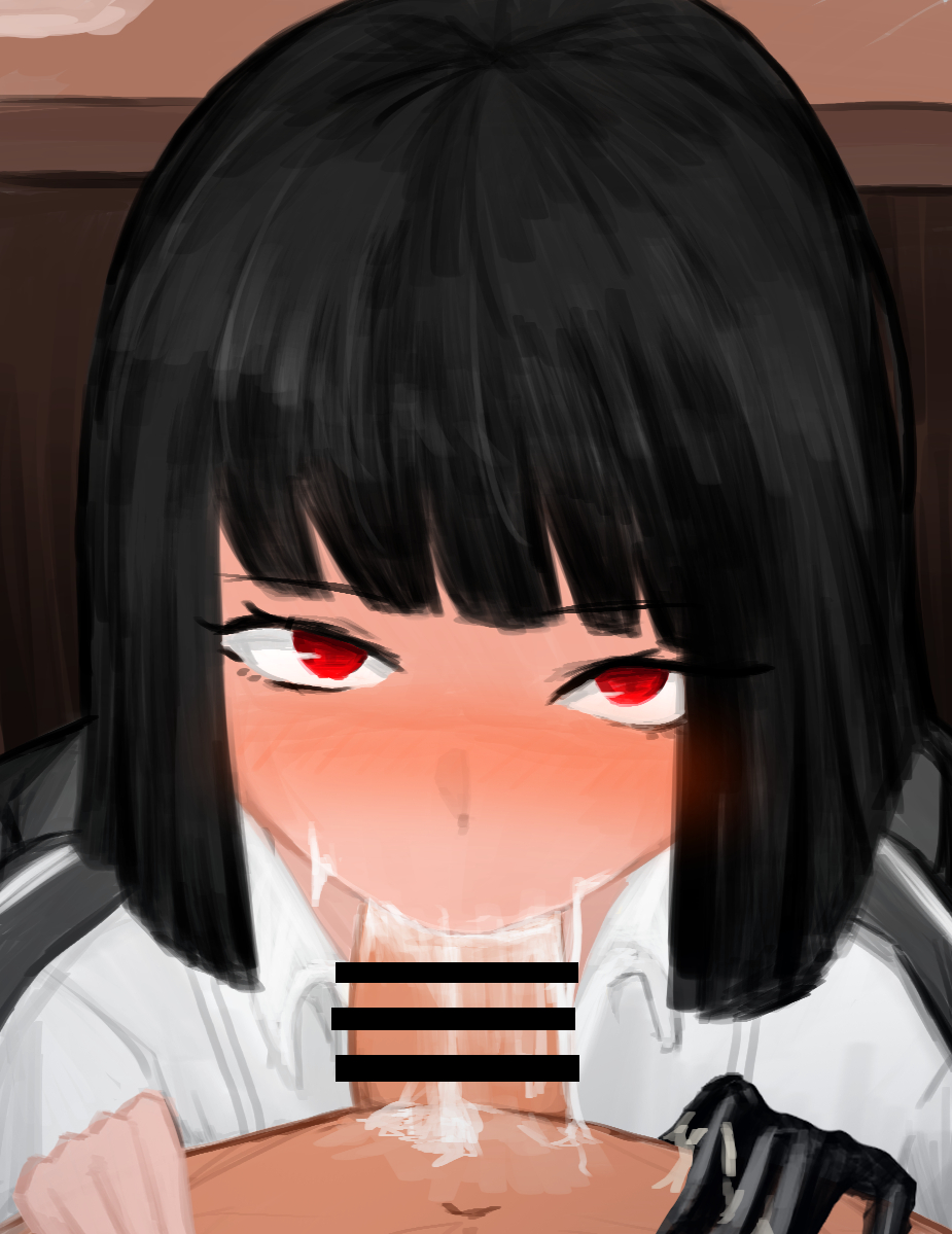 1boy, 1girls, black hair, blowjob, blush, bob cut, censored, cum, cum on mouth, female, limbus company, looking at viewer, male, male/female, project moon, red eyes, ryoshu (limbus company), tagme