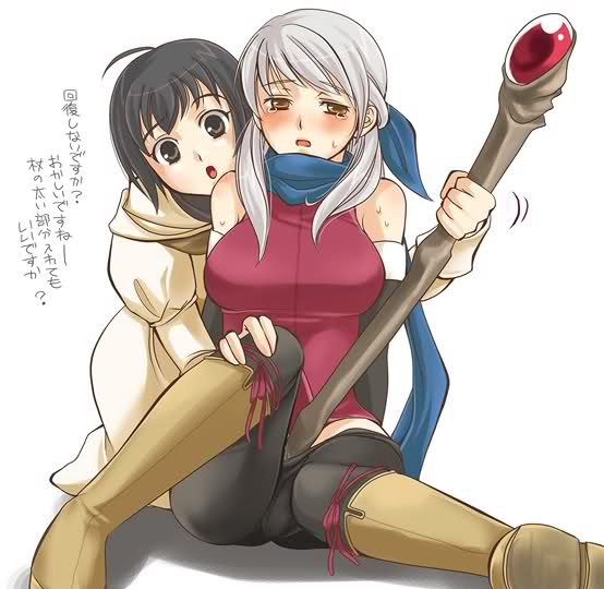 2girls arm_support black_eyes black_hair blush boots cleric female fire_emblem fire_emblem:_radiant_dawn kneeling laura_(fire_emblem) leg_grab long_hair micaiah_(fire_emblem) multiple_girls open_mouth pantyhose scarf short_hair silver_hair sitting staff sweat sweatdrop tears text translation_request yellow_eyes yuri