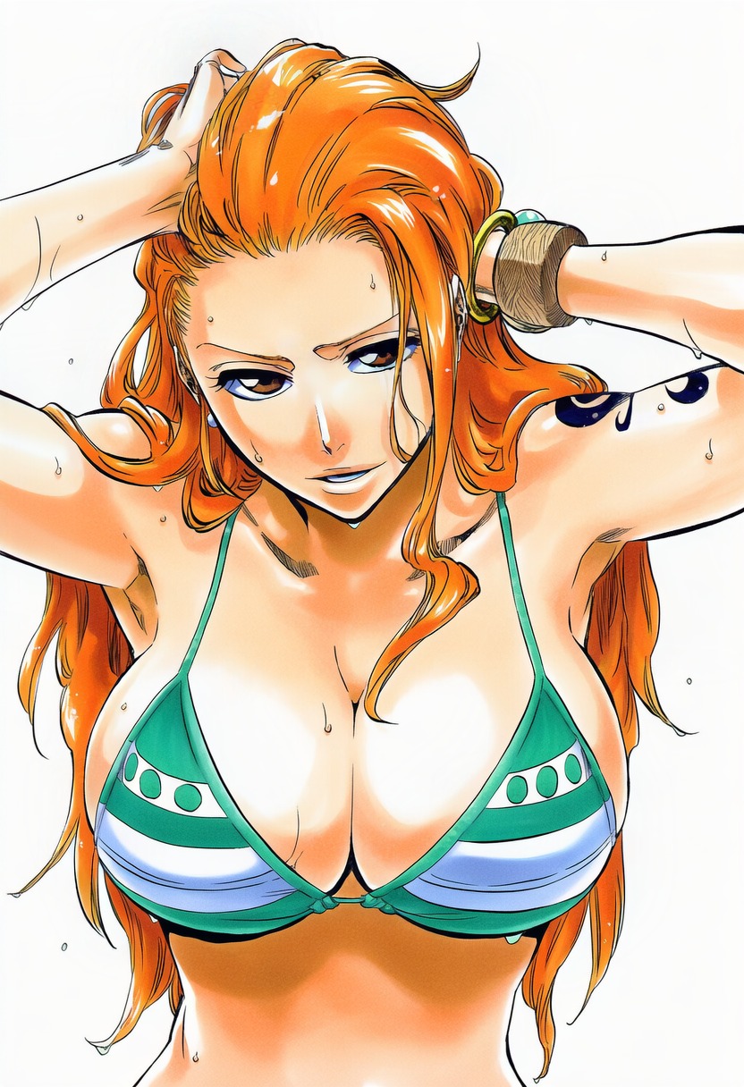 1girls, accurate art style, accurate body type, adjusting hair, ai generated, arm tattoo, armpits, bangle, big breasts, bikini, bikini top, bikini top only, blue tattoo, bracelet, breasts, brown eyes, busty, clavicle, cleavage, clothing, collarbone, curvaceous, curvy, digital media (artwork), earrings, fanart, female, female focus, female only, forehead, from above, green bikini, green bikini top, halterneck, hand in own hair, hands in hair, hands on own head, hands up, highres, jewelry, large breasts, long hair, looking at viewer, manga style, nami (one piece), narrow waist, one piece, orange eyes, orange hair, orange-haired female, parted lips, pearl earrings, shiny hair, shiny skin, shoulder tattoo, simple background, solo, solo female, solo focus, standing, swimsuit, tattoo, tite kubo style, upper body, wet body, wet hair, wet skin, white background