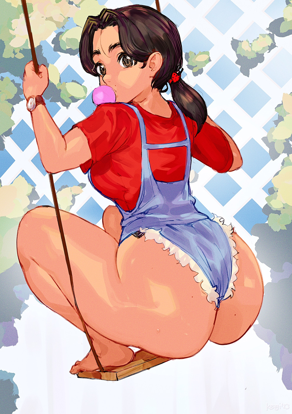1girls, abenobashi mahou shoutengai, alternate ass size, alternate body type, alternate breast size, alternate costume, arumi asahina, ass, ass hanging out, back, back view, bare shoulders, big ass, big breasts, blowing bubblegum, booty shorts, breasts, brown eyes, brown hair, bubble gum, clothing, condom wrapper, curvy, eyelashes, female, female focus, female only, highres, hips, hotpants, huge ass, human, jean shorts, keigi (artist), large ass, large breasts, long hair, looking at viewer, looking back, overall shorts, overalls, pinup, shiny skin, short shorts, short sleeves, shorts, shortstack, simple background, solo, solo female, squatting, sweat, sweatdrop, swing, t-shirt, tan skin, thick thighs, thighs, tied hair, voluptuous, watch, wide hips