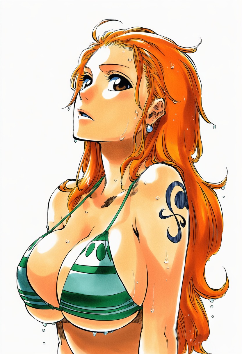 1girls, accurate art style, accurate body type, ai generated, arm tattoo, arms at sides, bangle, big breasts, bikini, bikini top, blue tattoo, breasts, brown eyes, busty, clavicle, cleavage, clothing, collarbone, curvaceous, curvy, earrings, fanart, female, female focus, female only, forehead, green bikini, green bikini top, halterneck, highres, jewelry, large breasts, light skin, light-skinned female, long hair, looking at viewer, manga style, nami (one piece), one piece, orange eyes, orange hair, orange-haired female, parted lips, pearl earrings, shiny hair, shiny skin, shoulder tattoo, simple background, solo, solo female, solo focus, standing, strap gap, striped bikini, striped clothing, swimsuit, tattoo, tite kubo style, upper body, wet, wet body, wet hair, wet skin, white background