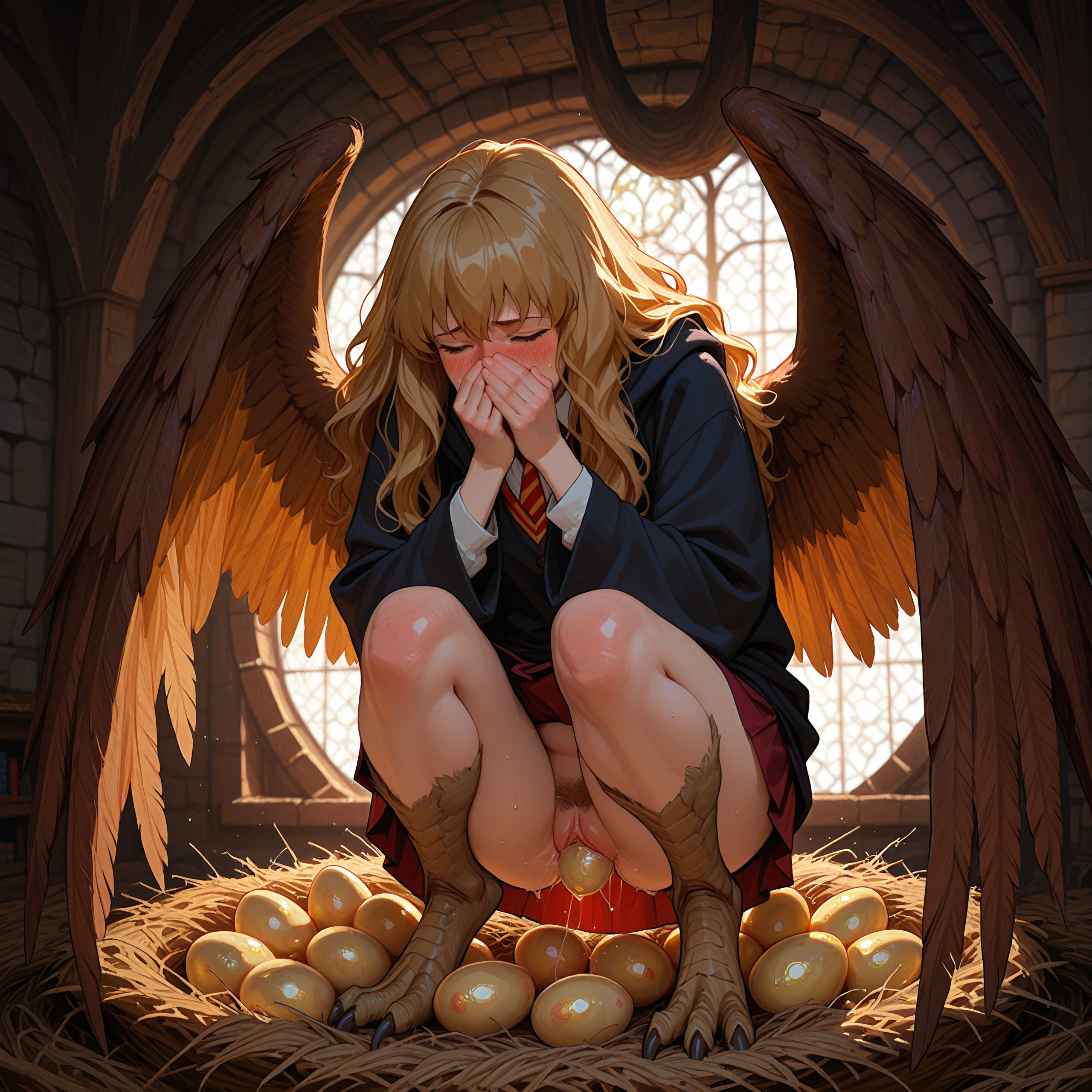 1girls, ai assisted, ai generated, ashamed, egg laying, female, harpy, harry potter, harry potter (series), hermione granger, melk, pubic hair, pussy, tagme