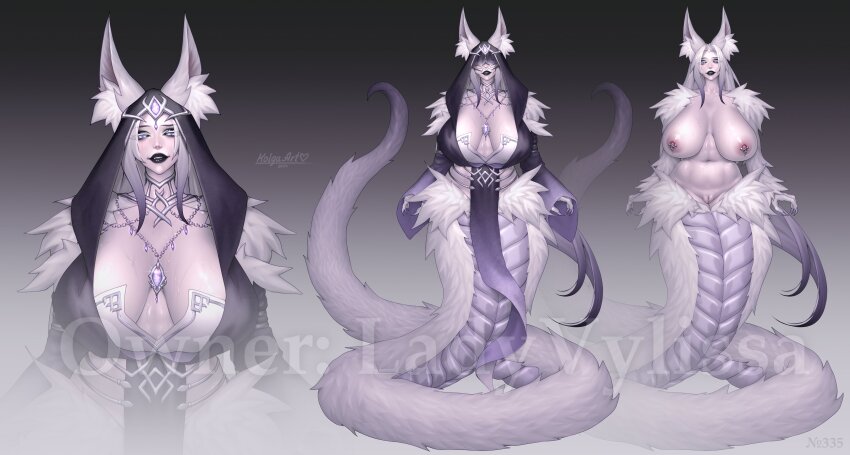 animal ear fluff, animal ears, artist name, black lips, black sclera, breasts, colored sclera, female, fox ears, highres, hood, hood up, huge breasts, jewelry, kolgaart, lamia, large breasts, long hair, looking at viewer, monster girl, naga, navel, nipples, piercing, pussy, tail, uncensored