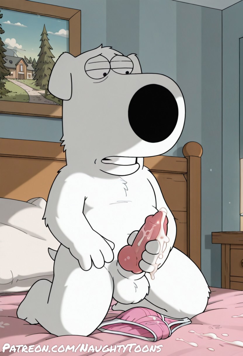 ai generated, anthro, balls, bed, brian griffin, canid, canine, canine penis, canis, cum, domestic dog, ejaculation, family guy, furry, knot, male, masturbation, naughty, naughty dog, on bed, panties, pantyshot, penis, thong, tribute, white fur