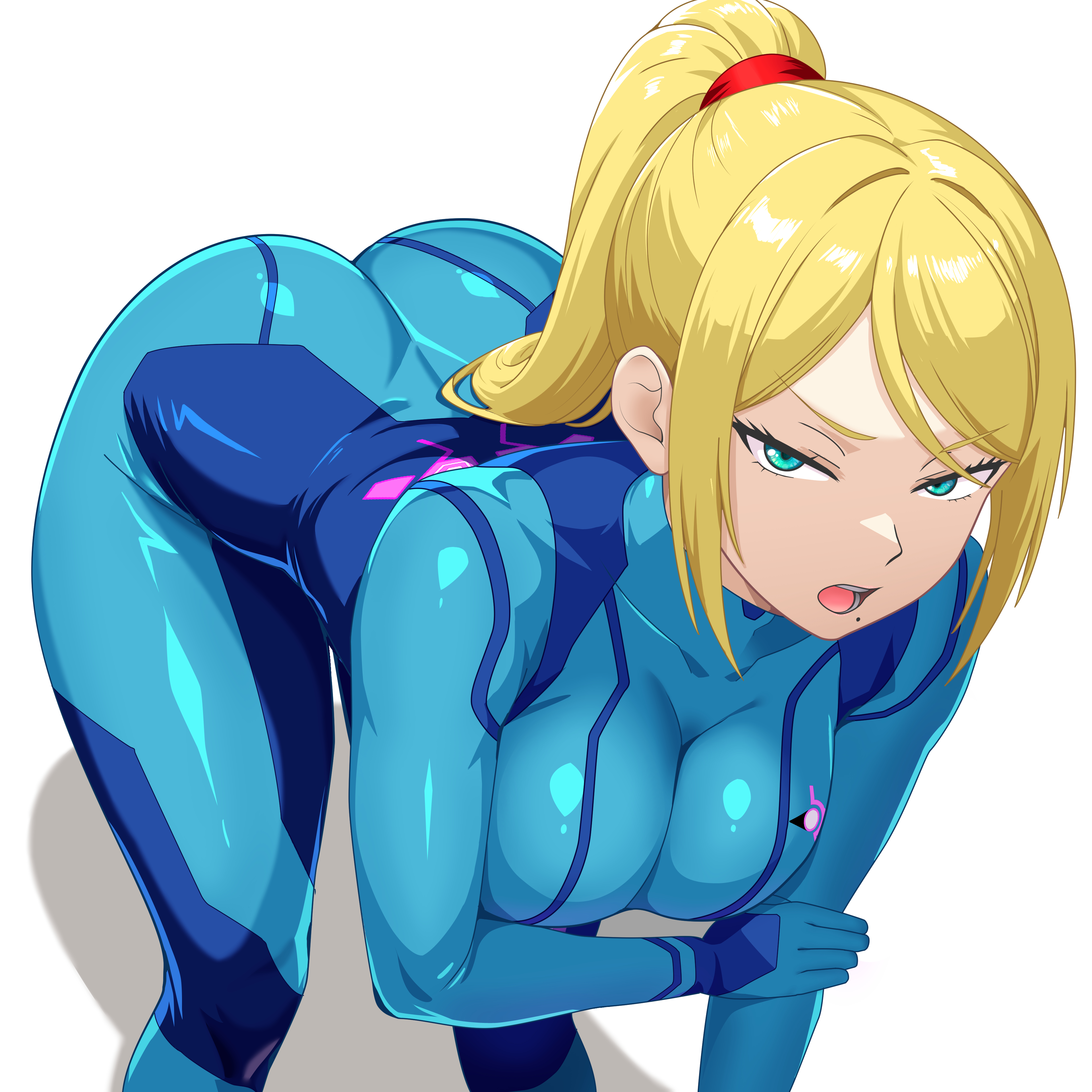 1girls, 2020s, 2025, absurd res, adult, adult female, ass, bent over, blonde hair, blue bodysuit, blue eyes, bodysuit, breasts, buni guun, female, female only, fully clothed, green eyes, hi res, high ponytail, holding own arm, large breasts, light skin, light-skinned female, looking at viewer, mature, mature female, metroid, mole, mole under mouth, nintendo, open mouth, ponytail, samus aran, shiny clothes, simple background, skin tight, solo, tight clothing, v-shaped eyebrows, white background, zero suit samus