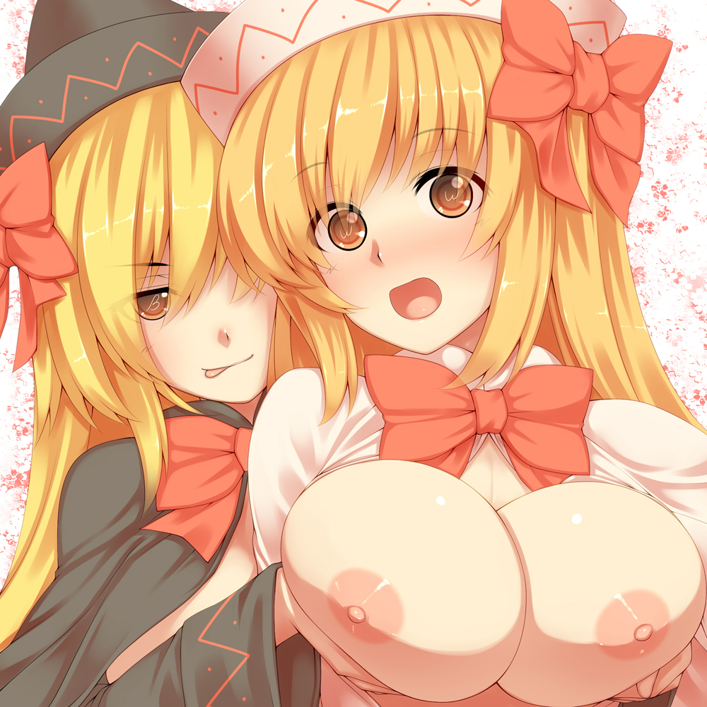 :p blonde_hair blush breast_grab breasts brown_eyes bust dual_persona female hat large_breasts lily_black lily_white multiple_girls nipples open_mouth selfcest symbol-shaped_pupils tongue tongue_out touhou tro yuri