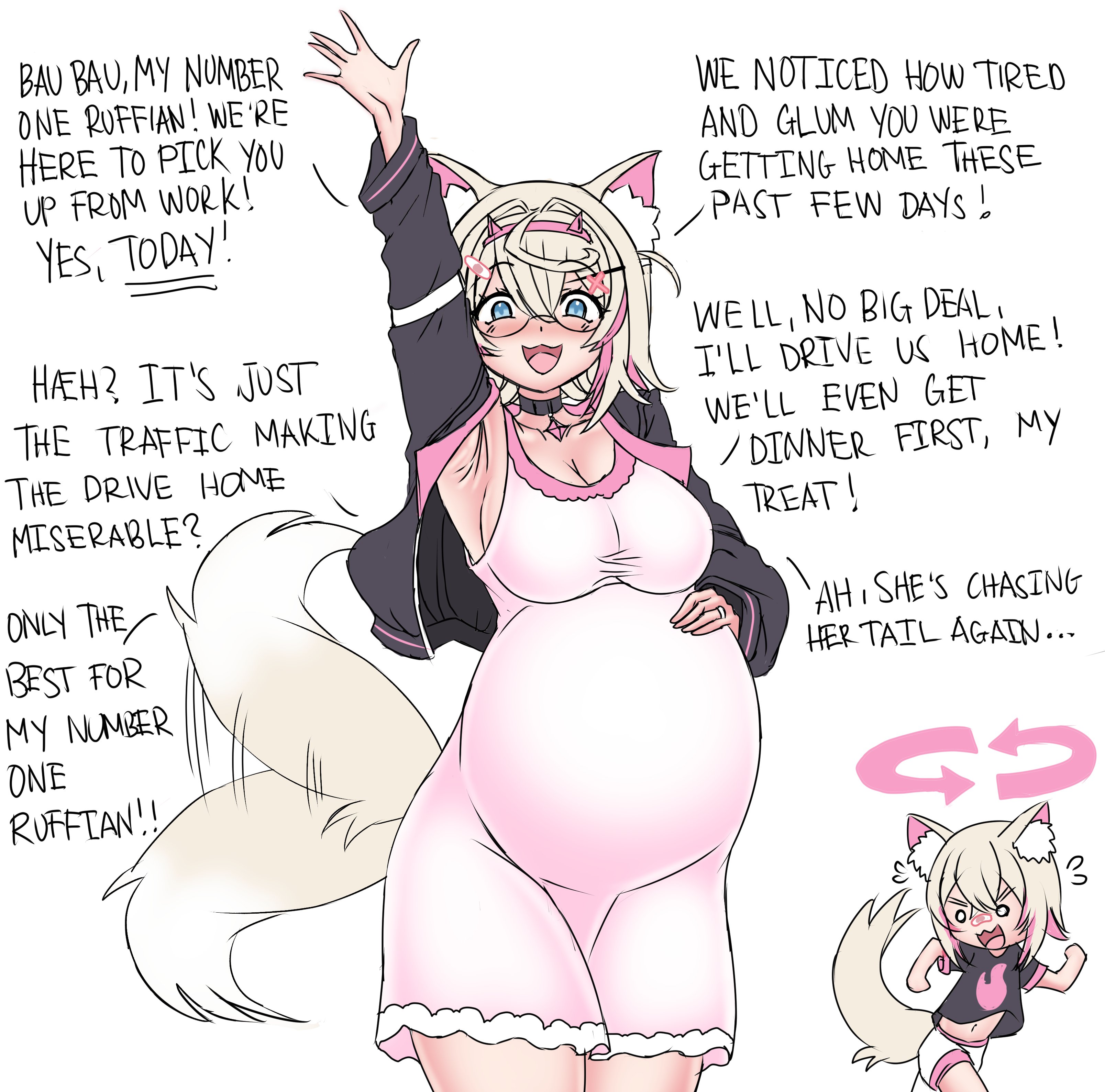 animal ear fluff, female, glasses, hololive, hololive english, hololive english -advent-, kemonomimi, looking at viewer, maternity clothes, maternity dress, mococo abyssgard, pregnant, pregnant female, silly, talking to viewer, virtual youtuber, vtuber, wagging tail, white hair