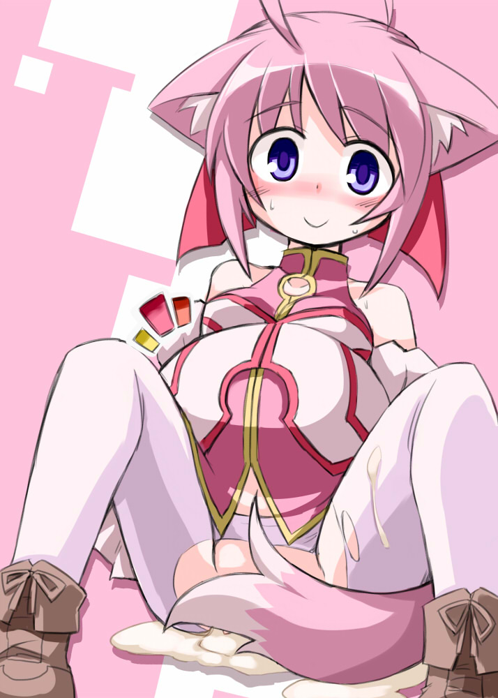 ahoge animal_ears bare_shoulders blush clothing cum cum_in_pussy cum_inside cum_pool dog_days dog_ears dog_tail huge_belly inflation kugelschreiber millhiore_f_biscotti pantyhose pink_hair pregnant purple_eyes solo stomach_bulge tail torn_clothes torn_pantyhose