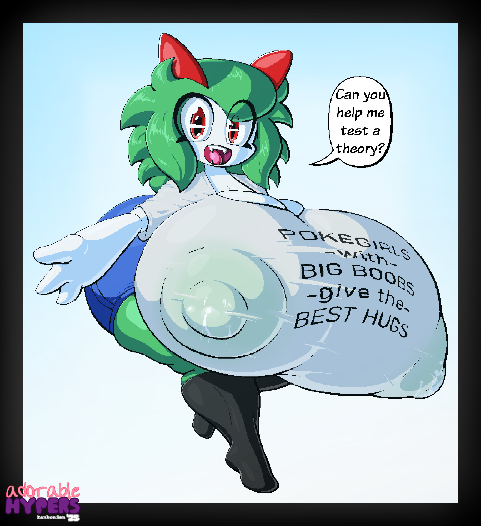 big breasts, breasts, cleavage, convenient breasts, emillie (zanbonsen), female, huge breasts, hyper breasts, kirlia, lactating, lactating through clothing, lactation, nipples, pokemon, pokemon (species), pokemon only, tagme, thick thighs, wide hips, zanbonsen