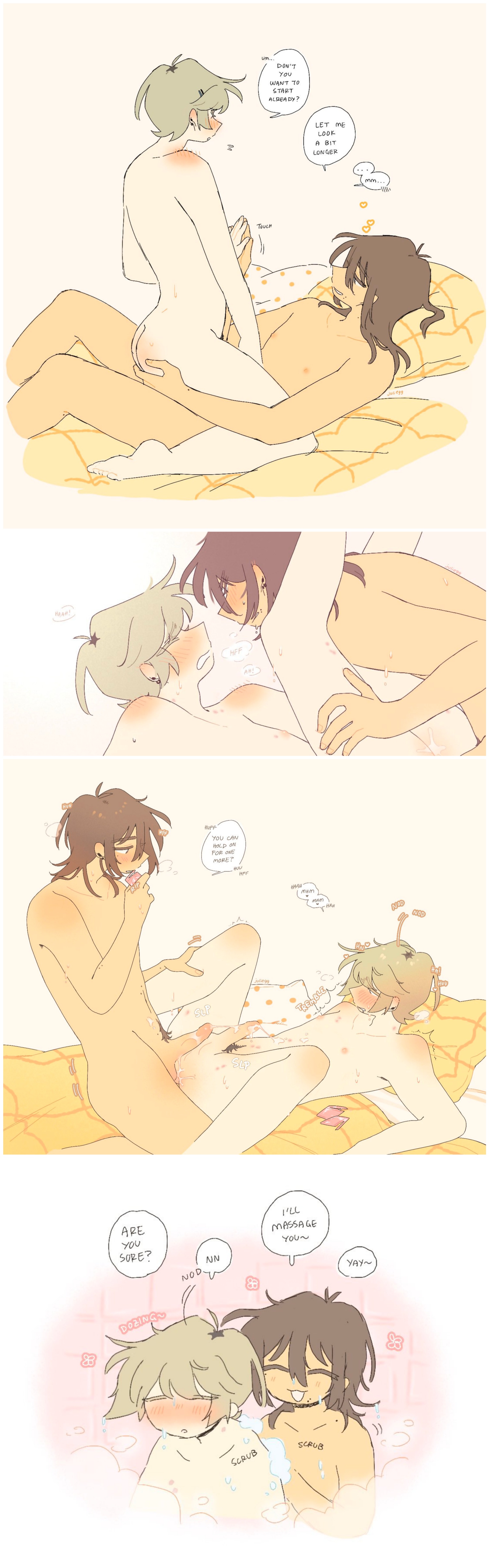 2boys, aftercare, ahoge, anal, another round, armpit hair, armpit hair peek, asking for more, ass blush, balls, bath, bathing, bathing together, bathroom, bathtub, bed, bed sheet, blonde hair, blush, body blush, brown hair, butt crack, chibi, closed eyes, color, completely nude, condom, condom wrapper, cum, cum drip, cum on penis, cum on stomach, dialogue, drooling, dyed hair, ear blush, ear piercing, earrings, english text, erect nipples, erection, exhausted, eyebrows visible through hair, full-face blush, gradient background, half-closed eyes, hand on another's ass, hand on another's leg, hand on another's thigh, happy trail, heart, holding hands, imminent anal, imminent sex, juliegg, kneeling, kouta (juliegg), long hair, looking at another, looking at partner, looking pleasured, lying, lying on back, lying on bed, male, male nipples, male penetrated, male penetrating, male penetrating male, male pubic hair, moaning, mole, mole on arm, mole on neck, mole on stomach, mole under eye, mole under mouth, motion lines, nipples, nodding, original, panting, partially submerged, penis, pubic hair, pubic hair peek, romantic, romantic couple, rui (juliegg), saliva, shoulder blush, sideass, sitting, slight blush, smile, sound effects, speech bubble, spoken heart, spread legs, sweat, sweatdrop, tan background, thigh grab, trembling, visible breath, washing another, wholesome, yaoi