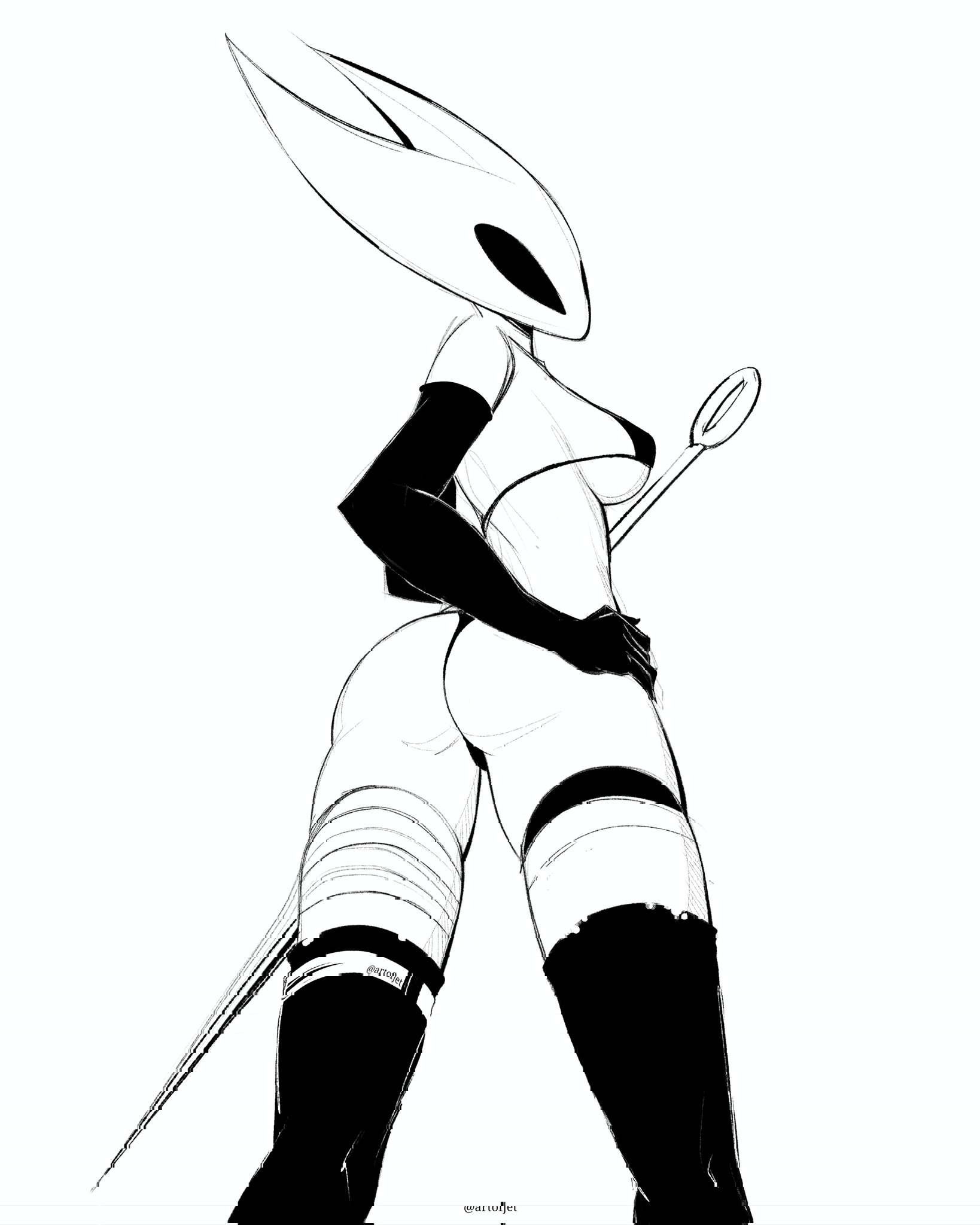 1girls, 2 horns, alternate body type, alternate breast size, arthropod, artist name, big ass, big butt, bikini, breasts, bubble ass, bubble butt, bug, bug girl, female, female only, hollow knight, hollow knight: silksong, hornet (hollow knight), large ass, large butt, looking at viewer, looking back, low-angle view, silksong, team cherry