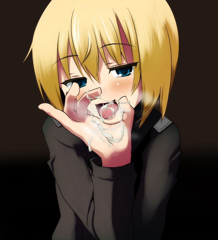 atahuta black_background blonde_hair blue_eyes blush breath bust clothing cum cum_in_mouth cum_on_tongue cum_string erica_hartmann hands looking_at_viewer naughty_face open_mouth oral oral_insinuation oral_invitation petite pinky_out saliva sexually_suggestive short_hair solo strike_witches tongue