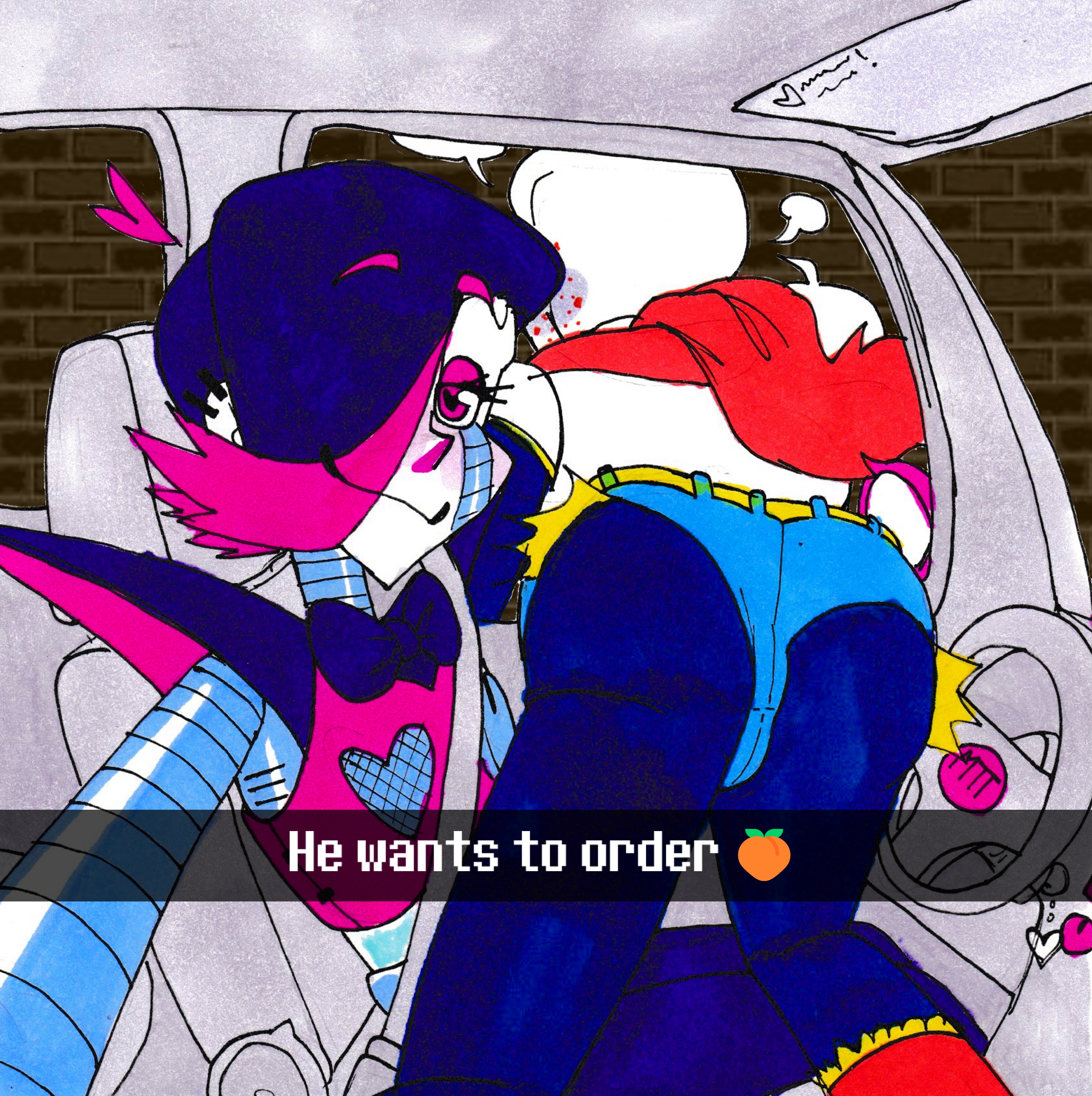 animated skeleton, ass focus, black clothing, black hair, booty shorts, bulge, cameltoe, cuntboy, denim shorts, genital outline, hair over one eye, he wants to order, intersex, koko skelly, leggings, leggings under shorts, looking at viewer, male, meme, mettaton, mettaton ex, no humans, oblivious, oblivious sexualization, ordering food, papyrus, papyrus (undertale), pink clothing, pink eyes, pink hair, presenting hindquarters, pussy, pussy bulge, red clothing, red scarf, robot, shitpost, skeleton, smug expression, undertale