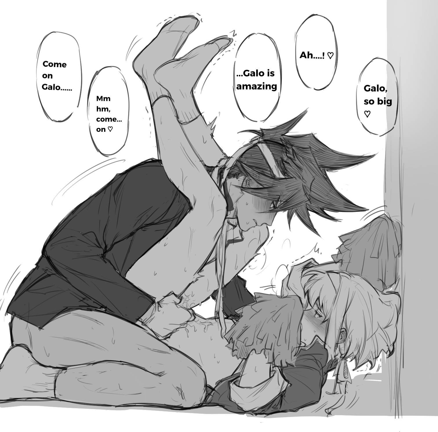 2boys, anal, anal sex, androgynous, blush, bob cut, cheerleader, clothed, clothing, dialogue, femboy, galo thymos, gay, gay sex, headgear, lio fotia, male, monochrome, pom poms, promare, short hair, size difference, text, twink, yaoi