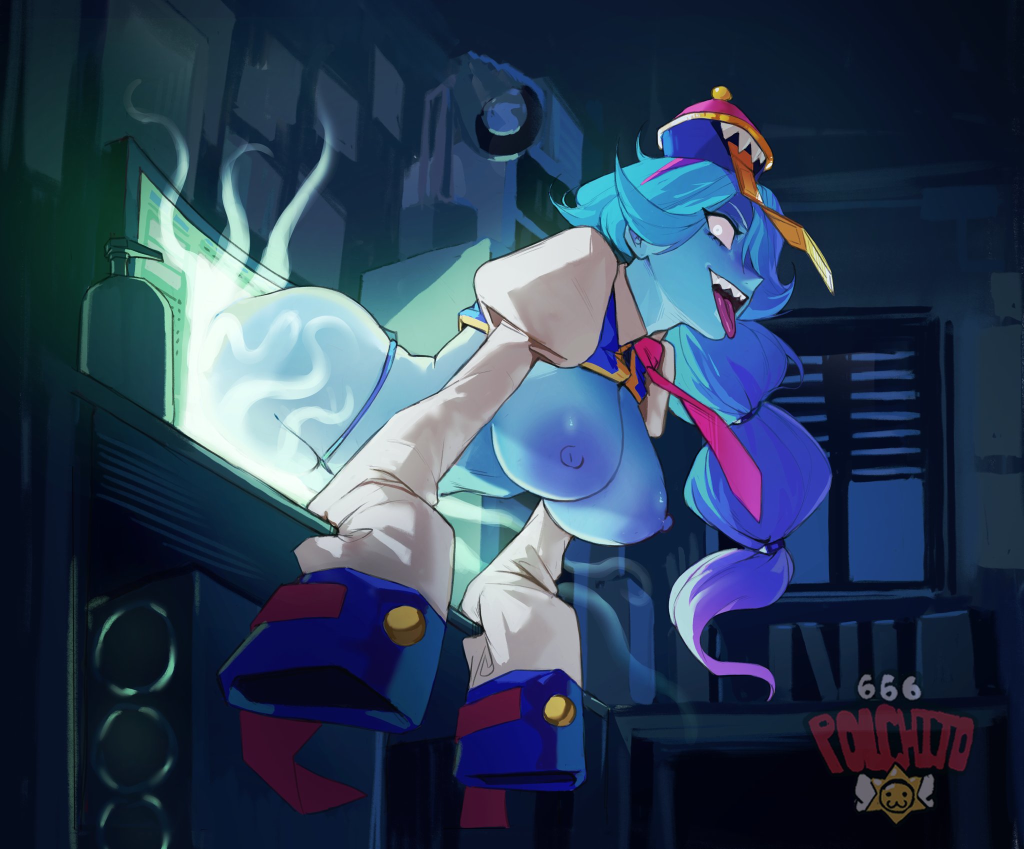 ass, athletic, athletic female, big ass, big breasts, blue body, blue hair, blue nipples, blue skin, brawl stars, breasts, colette (brawl stars), coming out of screen, female, female only, huge ass, huge boobs, huge breasts, inspector colette, looking at viewer, naked, naked female, nipples, polchito, sharp teeth, tongue, tongue out
