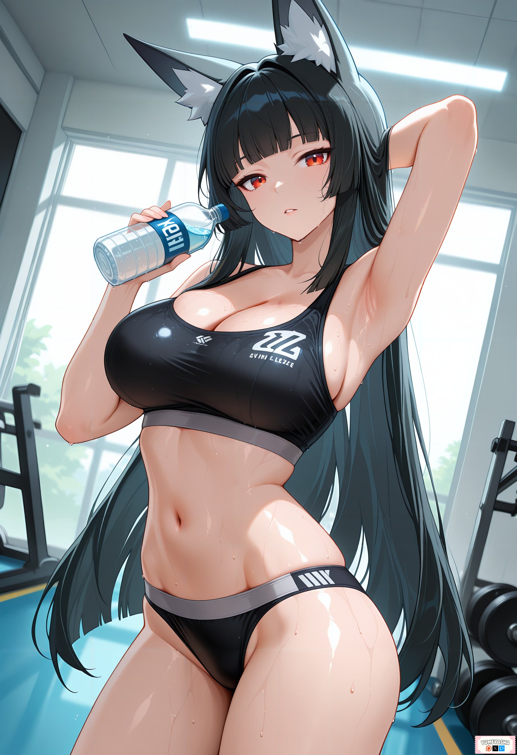 1girls, ai generated, arm behind head, arm up, armpits, belly, belly button, big breasts, black, black bra, black hair, black string panties, bra, breasts, female, female only, fox ears, gym, gym background, gym bottomwear, gym clothes, gym clothing, gym equipment, hoshimi miyabi, long hair, looking at viewer, open eyes, open mouth, red eyes, showing teeth, standing position, string, string panties, sweat, sweating, water bottle, yumeyasha, zenless zone zero