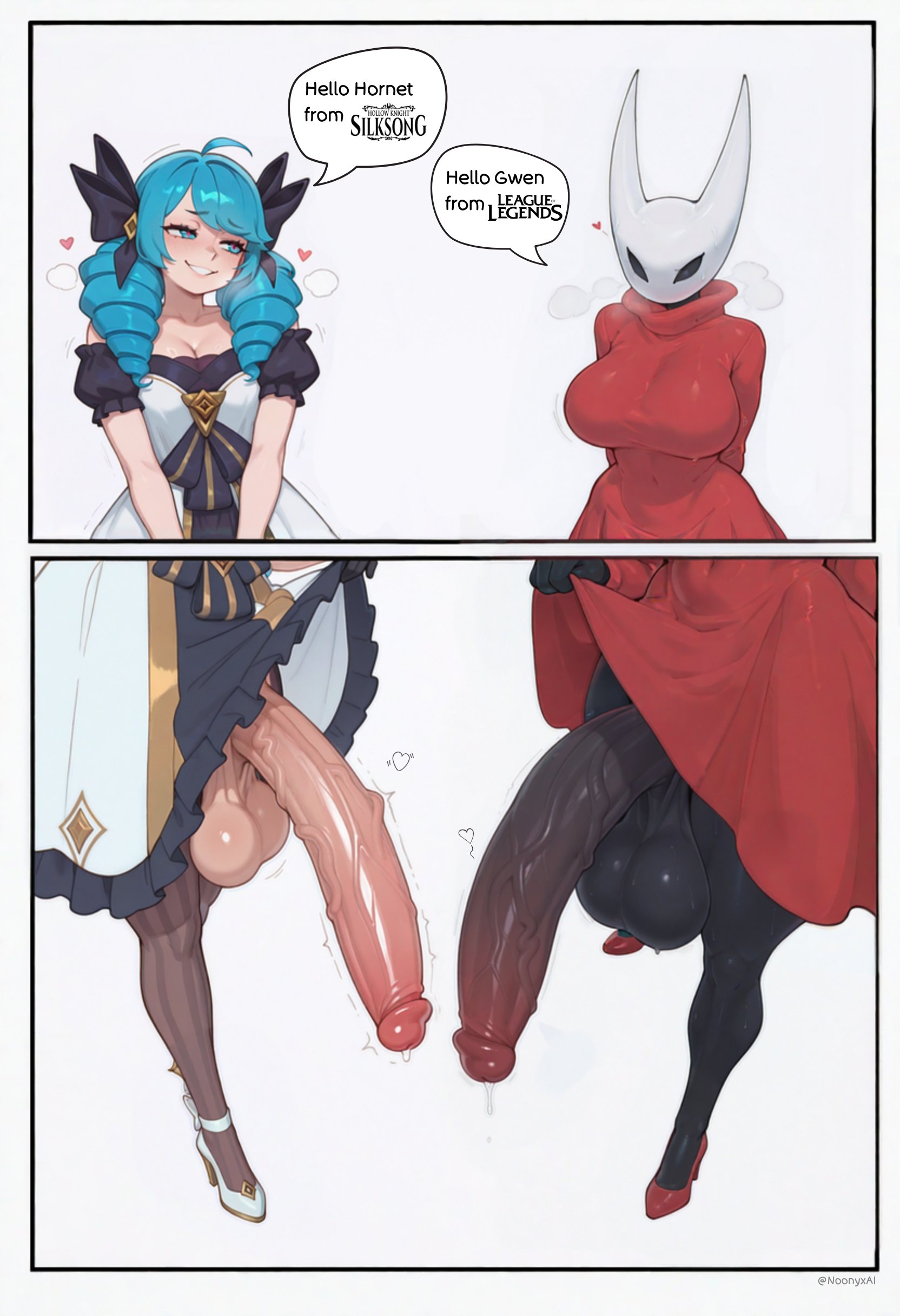 2025, 2futas, ai generated, balls, big balls, big breasts, big penis, blue eyes, blue hair, blush, breasts, casual, casual exposure, casual nudity, cleavage, dialogue, futa only, futanari, gwen (league of legends), hair ornament, hollow knight, hollow knight: silksong, hornet (hollow knight), horny, horny futa, huge balls, huge breasts, huge cock, hung futa, hyper balls, hyper penis, intersex, league of legends, looking at another, lowres, masked, masked futa, musk, musk clouds, noonyx, penis, penis comparison, precum, precum drip, precum string, shaking, shaking penis, sweat, sweatdrop, sweating, sweaty, sweaty balls, text, thick thighs, tight clothing, twintails, veiny penis