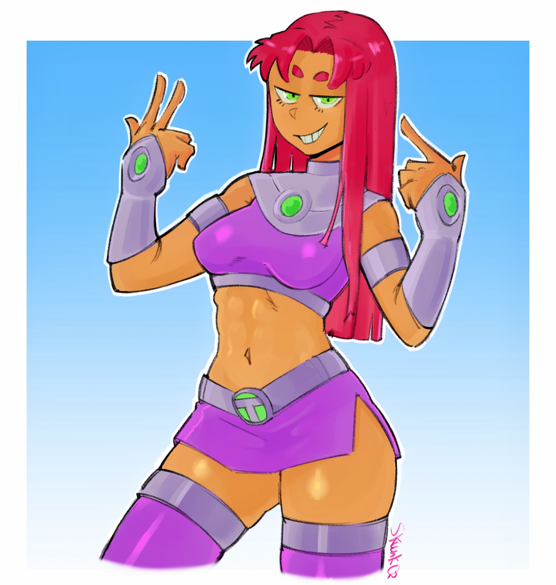 alien girl, cartoon network, dc, dc comics, detective comics, fanart, female, green eyes, orange skin, peace sign, purple clothing, red hair, skuunk02, starfire, teen titans
