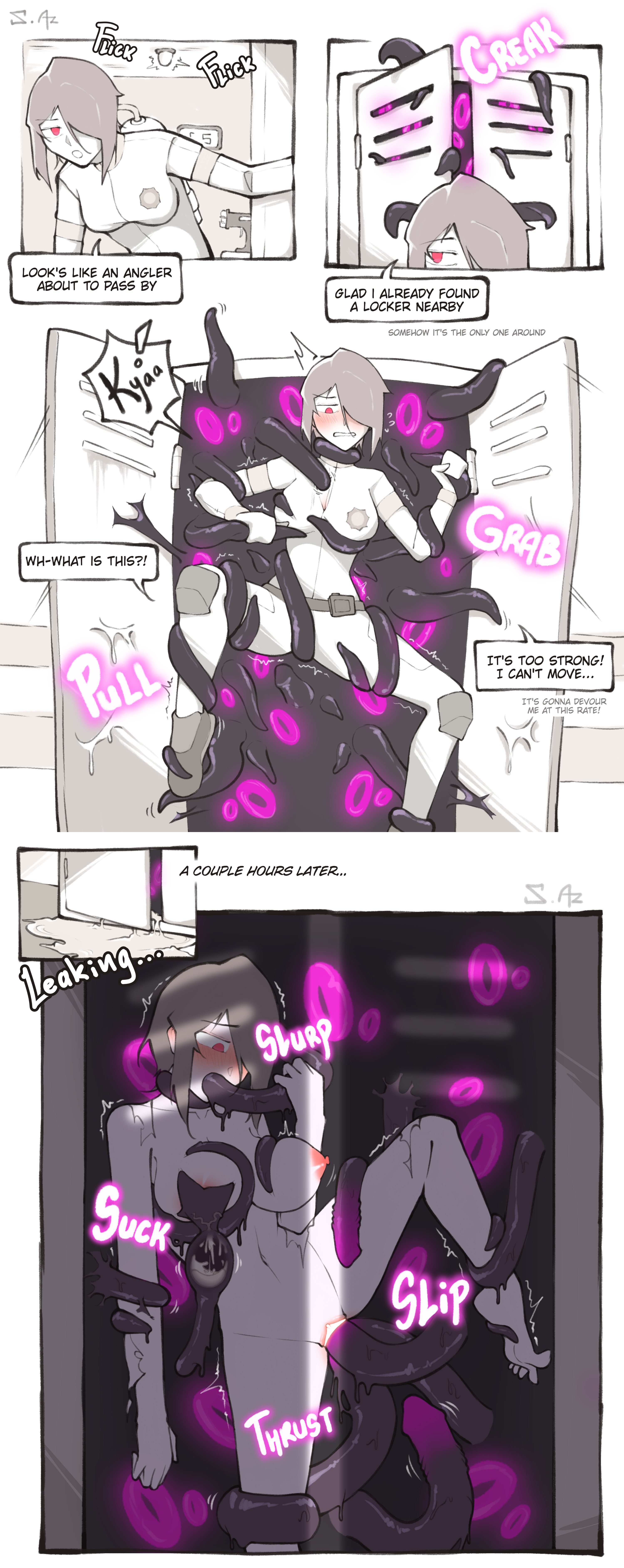 1female, 1girls, 1human, 1monster, 2 panel comic, 2025, 2d, 2d (artwork), 2d artwork, areola, areolae, black tentacles, black text, blush, blushing female, breasts, breasts out, comic, cum, dialogue, digital, digital art, digital drawing, digital drawing (artwork), digital media, digital media (artwork), diving gear, english, english dialogue, english text, expendable (pressure), female, female human, female penetrated, hair over one eye, human, human female, human penetrated, interspecies, interspecies rape, interspecies sex, jumpsuit, locker, medium breasts, milking, milking breasts, milking nipple, monster, monster on female, monster on human, monster penetrating, monster penetrating female, monster penetrating human, motion lines, nipple milking, nipples, noncon, nonconsensual, one eye covered, pixiv link, pressure (roblox), puddles of void-mass (pressure), purple tentacles, pussy, raped, raped by monster, raped by tentacles, red areola, red blush, red eyes, red nipples, restrained, restrained by tentacles, roblox, roblox game, schnell az, shaking, shaking lines, short hair, taking clothes off, tentacle, tentacle in mouth, tentacle in pussy, tentacle milking, tentacle on female, tentacle penetration, tentacle rape, tentacle sex, tentacles, tentacles around body, tentacles on female, text, torn clothes, torn clothing, tremble lines, trembling, vaginal penetration, vaginal sex, wet tentacles