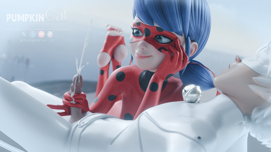 1boy, 1girls, 3d, adrien agreste, blue eyes, blue hair, cat blanc, cat noir, chat blanc (miraculous), cum, domino mask, ejaculation, erection, feet, female, female focus, handjob, ladybug (character), male, malesub, marinette dupain-cheng, miraculous ladybug, open mouth, penis, pumpkincat, soles, straight, superheroine, toes, twintails, uncensored, villain