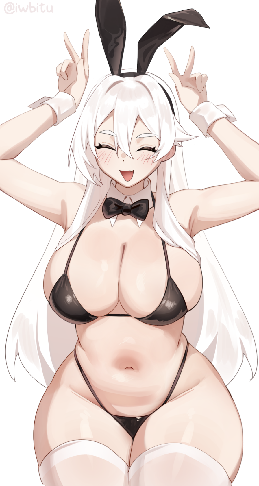 :d, ^ ^, animal ear hairband, animal ears, artist name, bikini, black bikini, black bow, black bowtie, blush, bow, bowtie, breasts, cleavage, closed eyes, commentary, cute fang, detached collar, double v, english commentary, fake animal ears, female, hairband, highleg, highleg bikini, highres, huge breasts, iwbitu, long hair, navel, nyopu, nyopu (iwbitu), open mouth, original, rabbit ears, rabbit pose, simple background, skin fang, smile, solo, stomach, string bikini, swimsuit, thighhighs, twitter username, v, white background, white hair, white thighhighs, white wrist cuffs, wrist cuffs