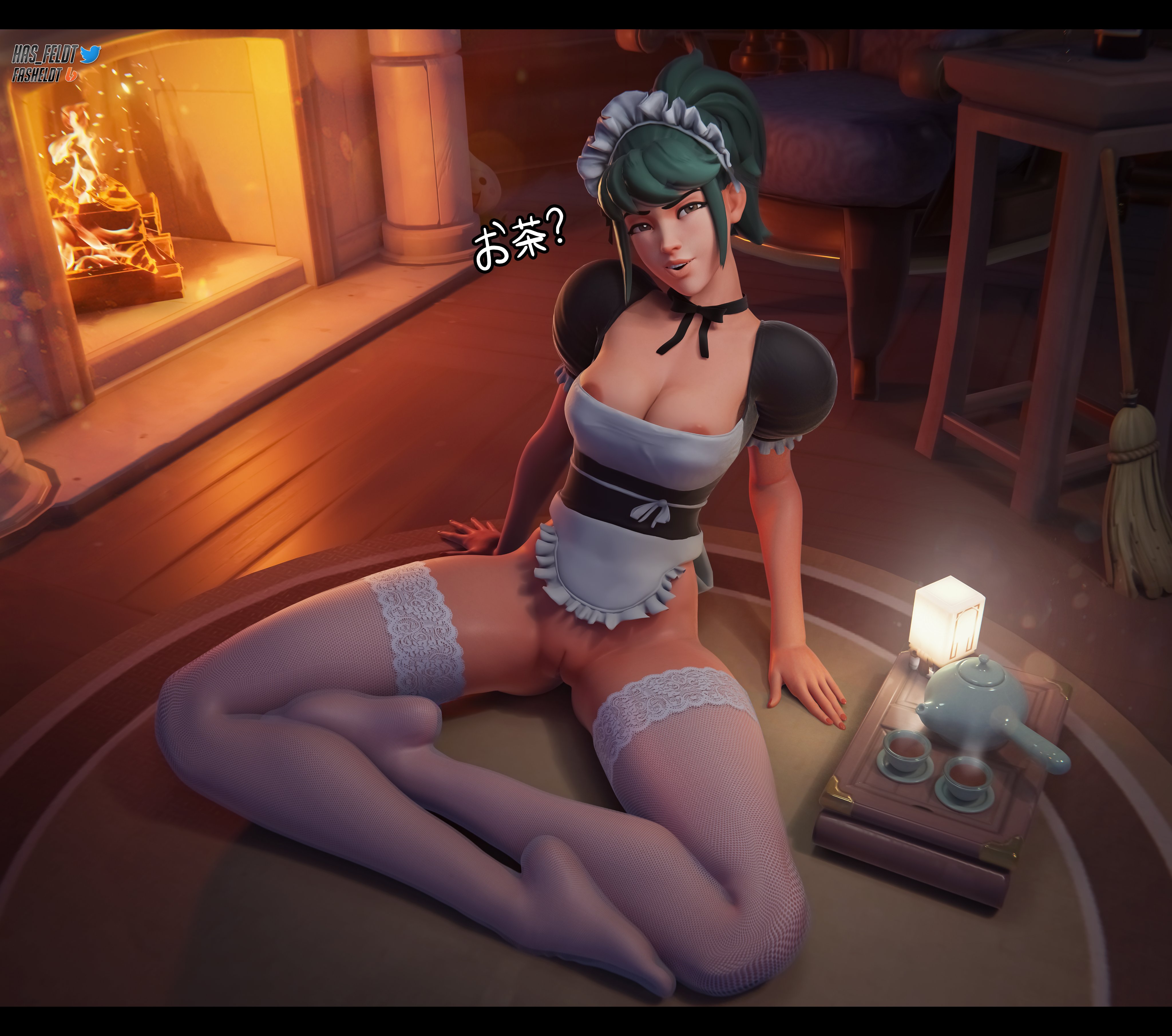 1girls, 3d, cleavage, female, female only, hasfeldt, kiriko (overwatch), light skin, light-skinned female, maid, maid outfit, maid uniform, overwatch, pussy, solo, solo female, spread legs