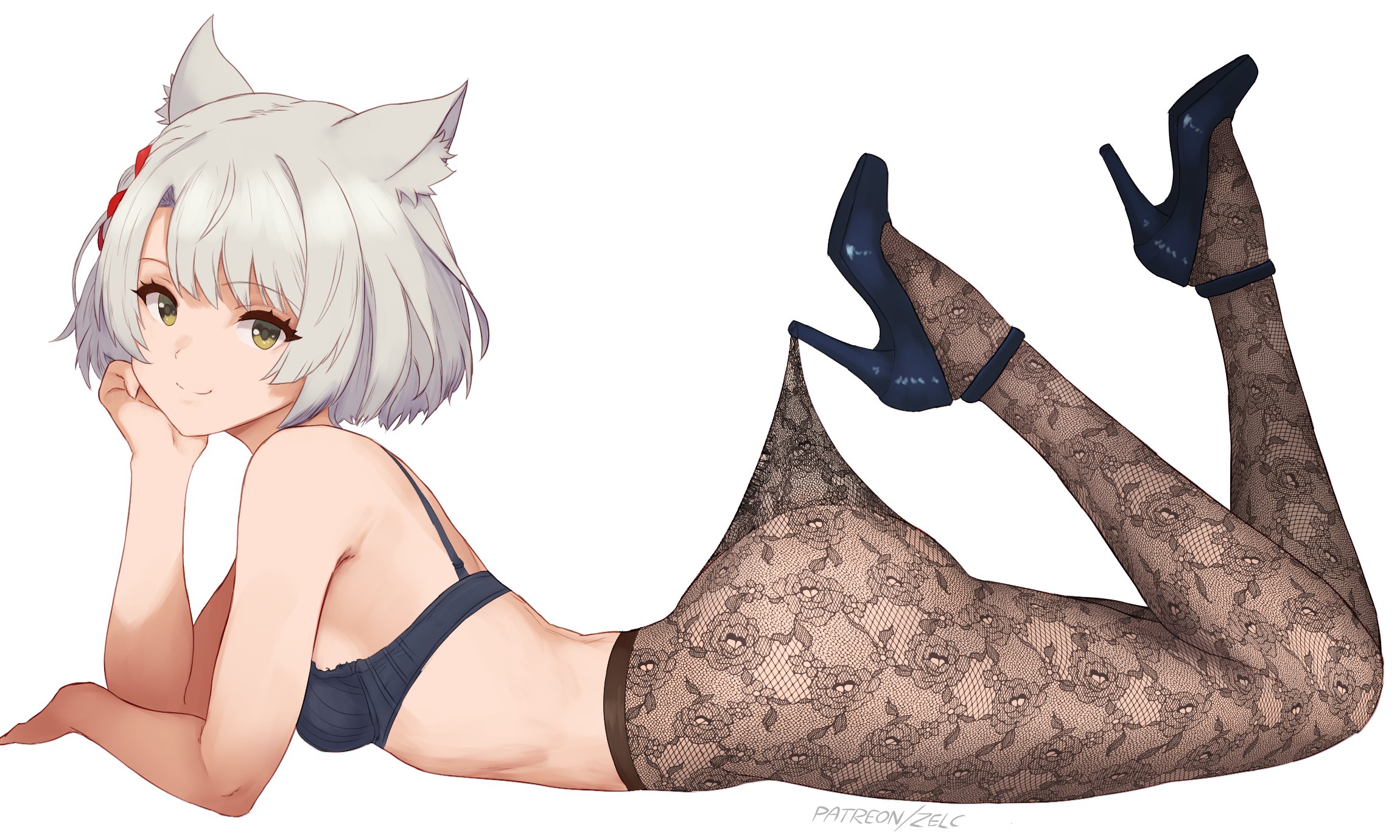 1girls, black bra, bra, breasts, cat ears, catgirl, floral pattern, grey hair, high heels, lace pantyhose hooked on heel (meme), leggings pull, looking at viewer, mio (xenoblade), on stomach, sideboob, tagme, xenoblade (series), xenoblade chronicles 3, yellow eyes, zelc-face