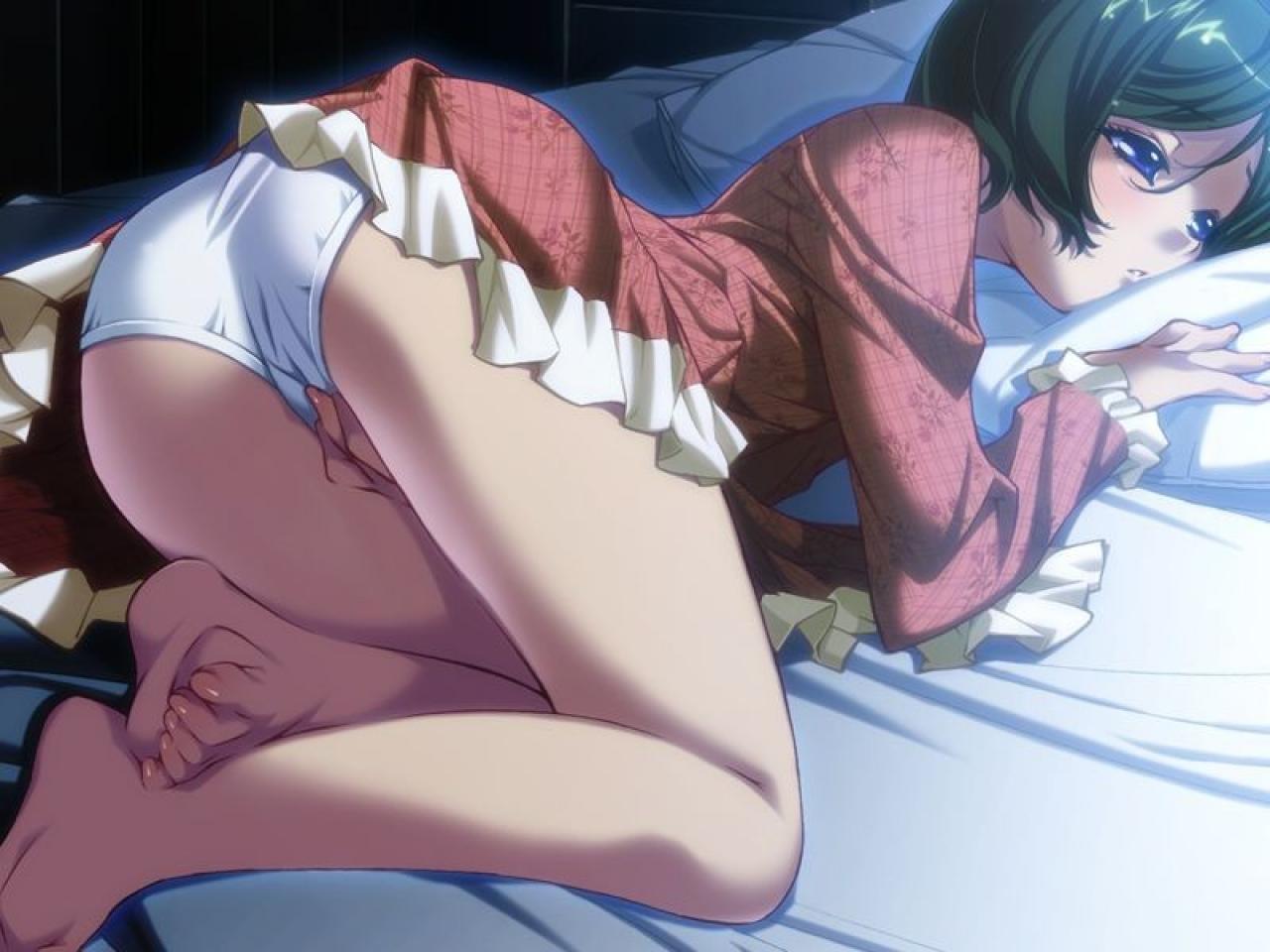 ass barefoot bed blue_eyes blush feet female fingering frills game_cg green_hair ino izayoi_no_hanayome jpeg_artifacts kurasawa_tamaki lying masturbation pajamas panchira panties pantyshot pantyshot_(lying) short_hair soles top-down_bottom-up underwear white_panties