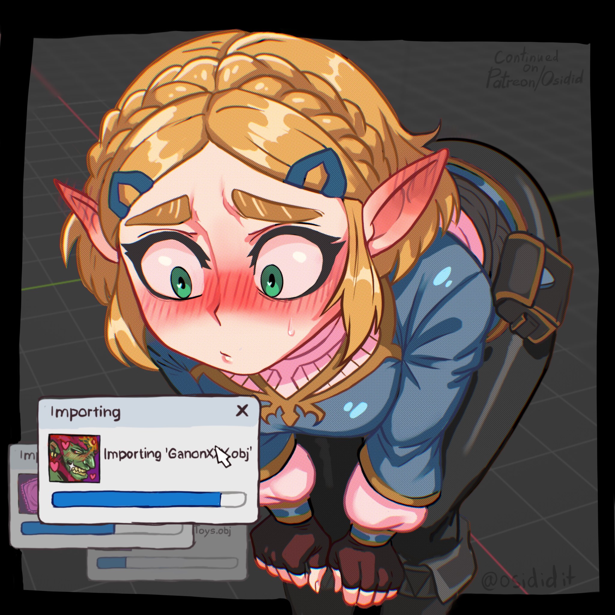 1girls, bent over, blonde hair, blush, condom wrapper, ear blush, english text, female, fourth wall, french braid, ganondorf, ganondorf (tears of the kingdom), green eyes, hairclip, hands on knees, hylian, imminent sex, leaning forward, meme, nintendo, nose blush, osidid, pointy ears, princess zelda, short hair, solo, tears of the kingdom, the legend of zelda, thick eyebrows, zelda (tears of the kingdom)