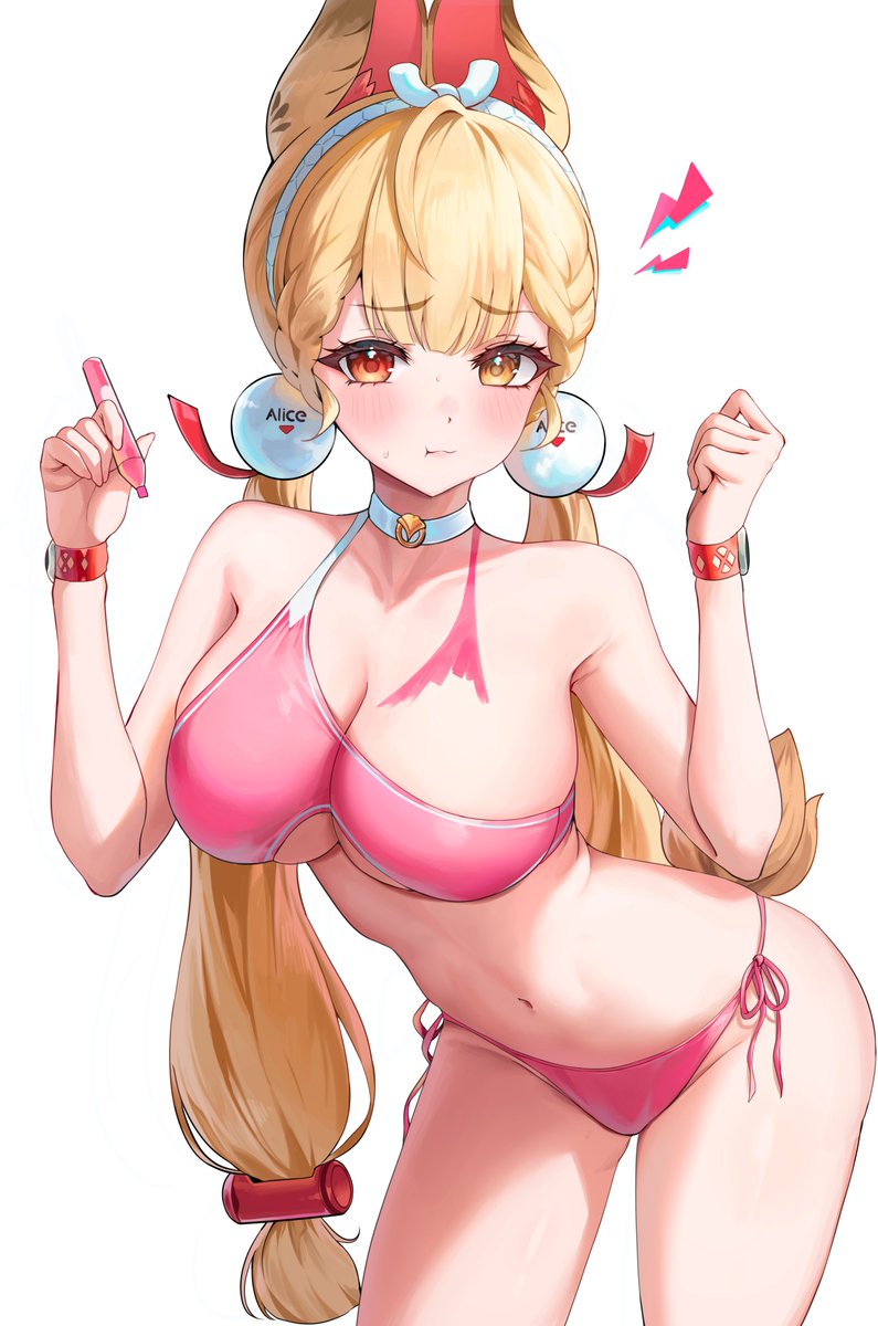 1girls, 2025, 9ujin, alice thymefield, alternate costume, animal ears, bare shoulders, bikini, blonde hair, braid, breasts, choker, cleavage, clothing cutout, earrings, female, female only, frown, hair ornament, hairband, hands up, heterochromia, highres, holding, holding marker, large breasts, light skin, light-skinned female, long hair, marker, navel, pink bikini, pout, rabbit ears, red eyes, revealing clothes, side-tie bikini bottom, simple background, single strap, skindentation, solo, stomach, swimsuit, thighs, underboob, underboob cutout, white background, white choker, wristband, yellow eyes, zenless zone zero