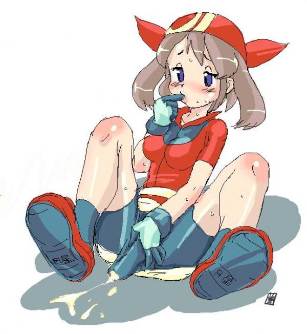 1futa, ankle socks, anklehighs, artist request, bandana, bike shorts, black socks, blue eyes, blush, brown hair, bulge, cum, cum through clothes, ejaculation, finger in mouth, footwear, futa only, futanari, gloves, human, human only, intersex, masturbation, may (pokemon), orgasm, penis, pokemon, shoes, sitting, skin tight, socks, solo, sweat