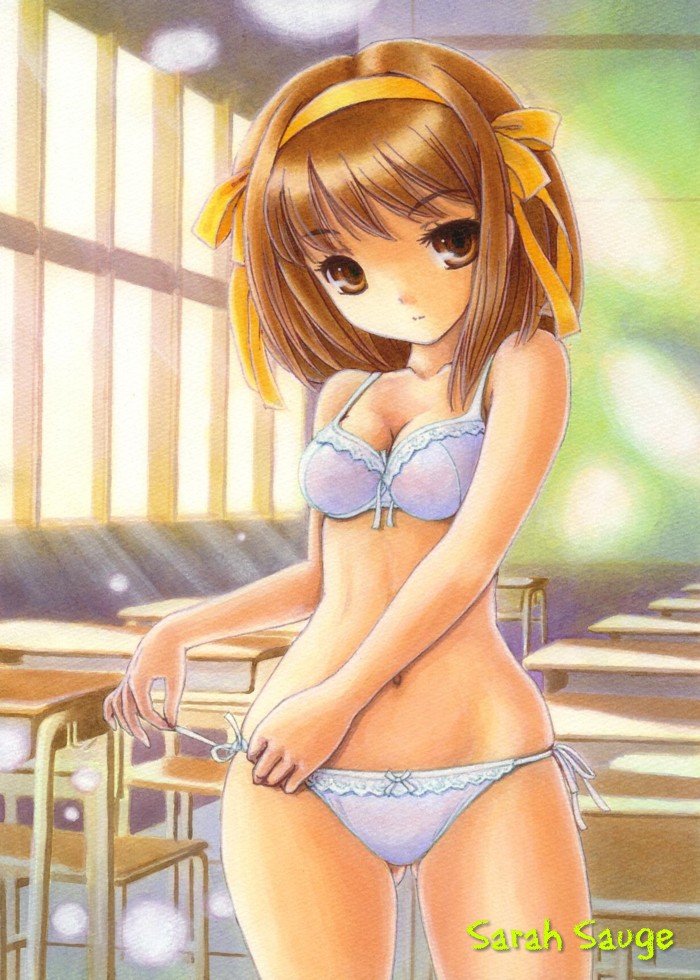 acrylic_paint_(medium) bra breasts brown_eyes brown_hair classroom cleavage desk female female_only hair_ribbon hairband hips human lingerie looking_at_viewer lowleg lowleg_panties panties ribbon sarah_sauge short_hair side-tie_panties solo suzumiya_haruhi suzumiya_haruhi_no_yuuutsu traditional_media underwear untying wide_hips