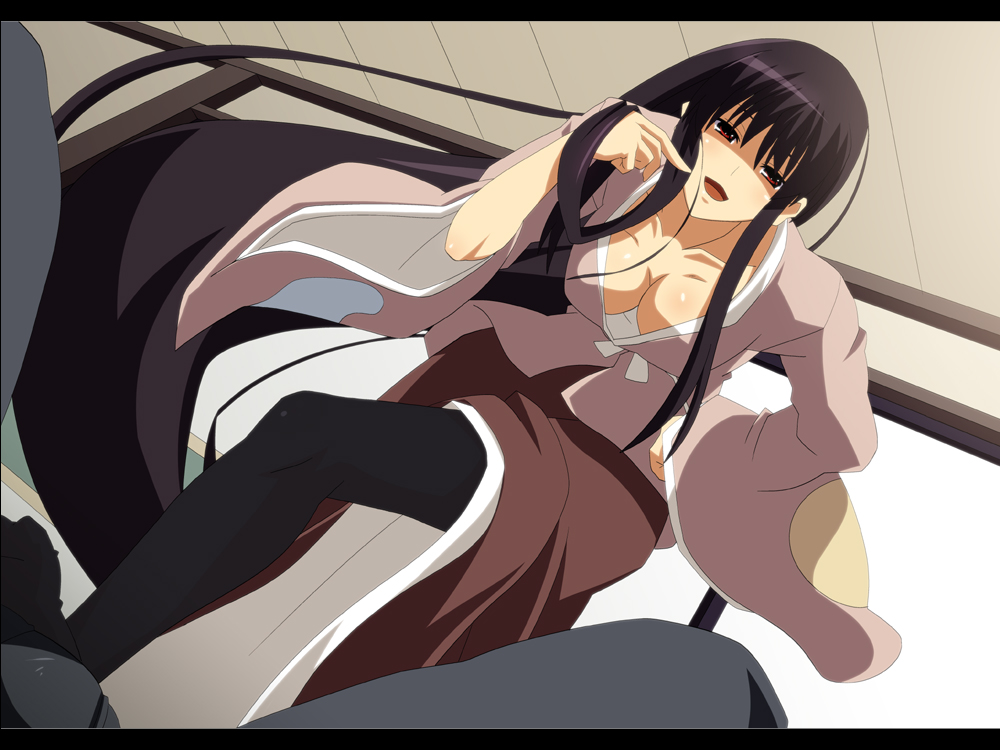 ballbusting black_hair black_legwear black_thighhighs breasts cleavage collarbone crotch_stomp down_blouse dutch_angle erection feet female femdom footjob from_below hand_on_hip kaguya_houraisan letterboxed long_hair looking_at_viewer open_mouth pantyhose penis pov red_eyes shaded_face shin'ya_(nanp) solo solo_focus thighhighs touhou wide_sleeves