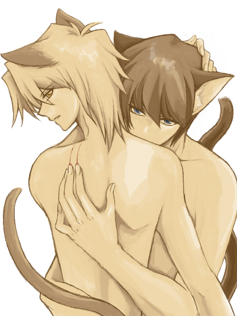 2boys animal_ears back bare_shoulders blonde_hair blood blue_eyes brown_eyes brown_hair cat_ears cat_tail catboy hand_on_another's_head hand_on_head hug joey_wheeler jounouchi_katsuya kaiba_seto kissing looking_at_viewer looking_back male multiple_boys nude seto_kaiba short_hair shoulder_kiss tail topless yaoi yu-gi-oh! yuu-gi-ou_duel_monsters