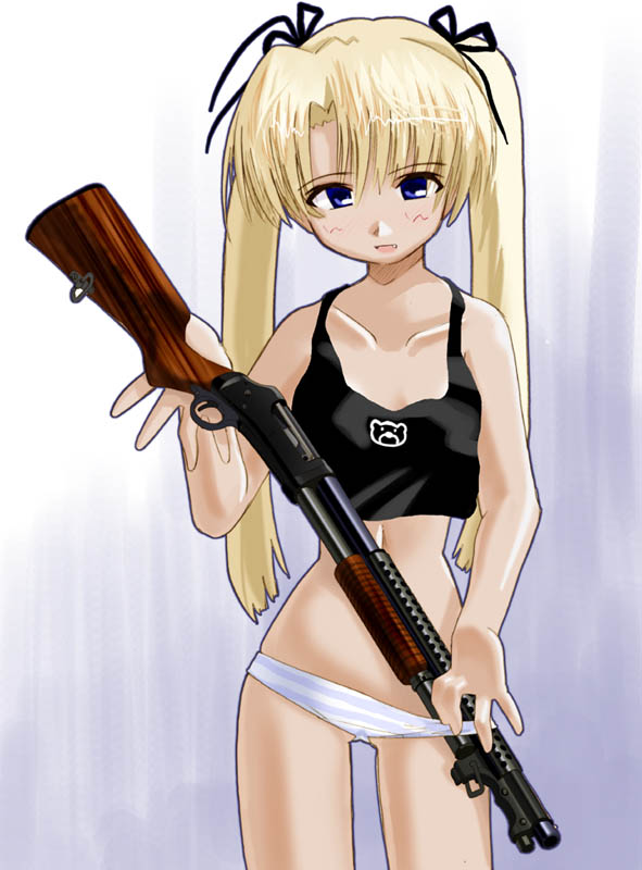 blonde_hair blue_eyes camisole excel_(artist) female gun gunslinger_girl long_hair midriff panties shotgun standing striped striped_panties tied_hair triela_(gunslinger_girl) twintails underwear weapon white_panties winchester_model_1897