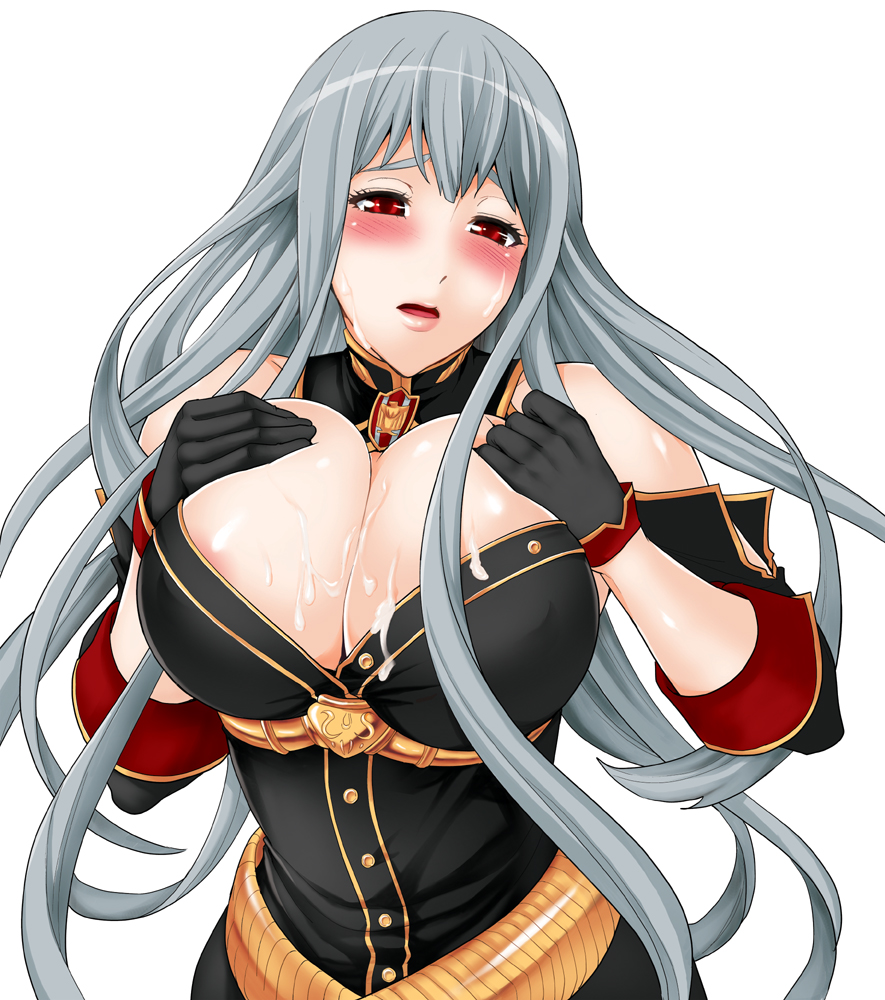 1girls areola_slip areolae blush breasts clothing covered_nipples covering_breasts cum cum_on_body cum_on_breasts cum_on_upper_body erect_nipples female gloves grey_hair huge_breasts large_breasts long_hair red_eyes selvaria_bles simple_background solo todd_oyamada valkyria_chronicles valkyria_chronicles_1