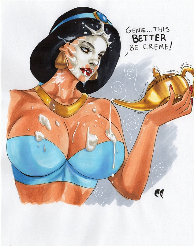 1girls, aladdin, arab, arabian, arabian clothes, big breasts, bikini top, black hair, breasts, brown hair, bukkake, chris foulkes, cleavage, clothing, collar, covered in cum, cum, cum covered, cum on body, cum on breasts, cum on face, dark skin, dark-skinned female, disney, disney princess, earrings, eyelashes, female, female only, funny, harem outfit, humor, lamp, large breasts, lipstick, magic lamp, nail polish, necklace, princess jasmine, solo, straight hair, text, tied hair, tubetop