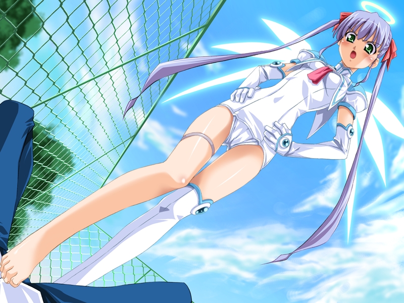 angel asymmetrical_clothes barefoot blush bow clothing elbow_gloves feet female footjob game_cg garters gloves green_eyes hair halo hands_on_hips jibril_aries kuuchuu_yousai long_hair makai_tenshi_jibril one-piece_swimsuit one_thighhigh open_mouth purple_hair school_swimsuit single_thighhigh swimsuit thighhighs tied_hair twintails white_school_swimsuit wings