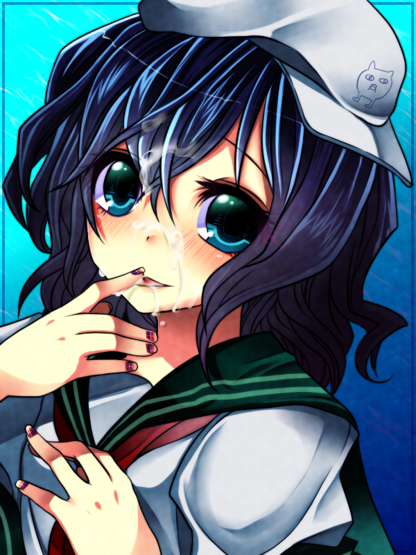 black_hair blue_eyes bust cum face facial female finger_licking hands hat licking minamitsu_murasa nail_polish onoe_junki sailor sailor_collar sailor_hat sailor_suit short_hair solo touhou