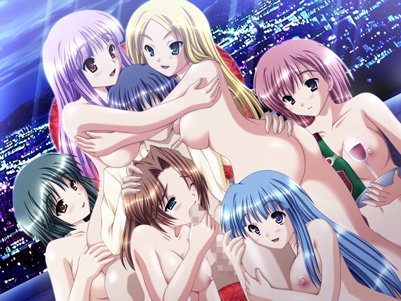 1boy 6+girls 6girls :>= :d aqua_eyes armpits ass ass_grab back bangs between_breasts black_hair blonde_hair blue_eyes blue_hair blue_sky blush bottle bottomless breasts brown_hair censored chair cityscape cloud cup dress_shirt dutch_angle everyone eye_contact faceless faceless_male fellatio game_cg hand_on_head handjob happy_sex harem honoo_no_haramase_jinsei hug indoors kimizuka_akiho large_breasts leg_between_breasts leg_cling long_hair medium_breasts mosaic multiple_boys multiple_girls navel night night_sky nipples nude open_clothes open_mouth open_shirt oral parted_bangs payot penis photo_background pink_hair purple_eyes purple_hair shiny shiny_hair shirt short_hair sideboob sitting sky smile teamwork testicles tray wince window wine wine_glass wink yameta_takashi yellow_eyes