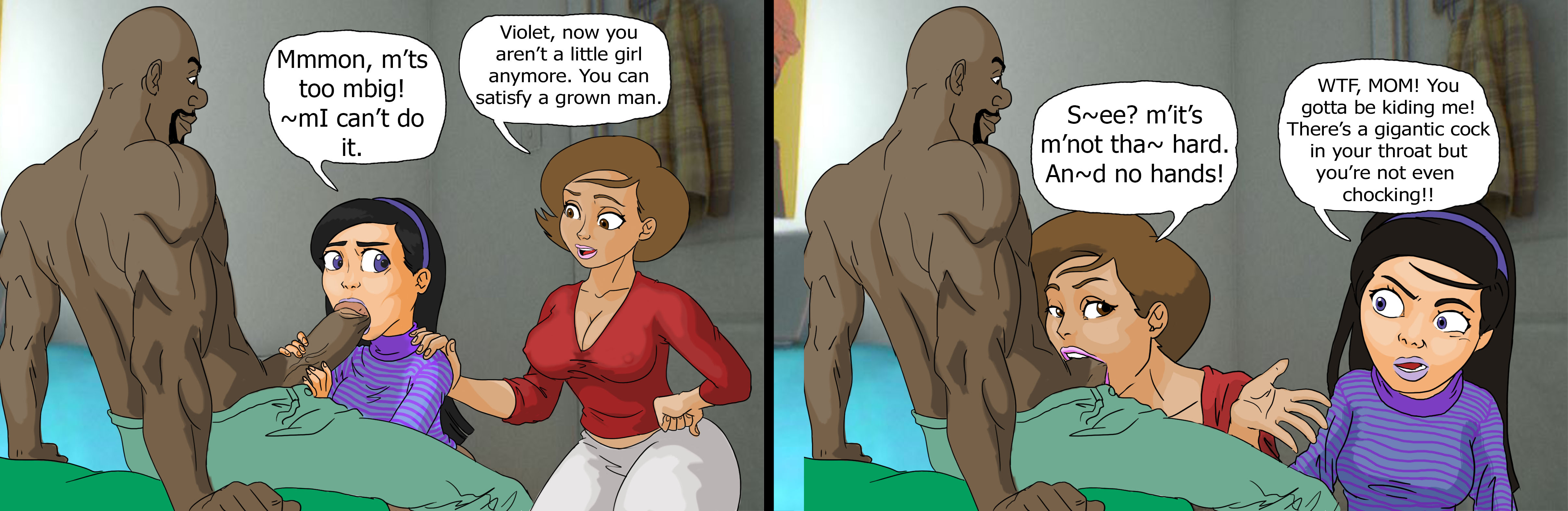 1boy, 2girls, all the way to the base, assisted fellatio, balls, balls deep, bedroom, big penis, black hair, blowjob, bob cut, breasts, brown eyes, brown hair, busty, cheating, cheating wife, collaborative fellatio, colored, comic, cute, dark skin, dark-skinned male, deepthroat, deepthroat no hands, deepthroat smile, deepthroat training, diadem, dialogue, dirty talk, disney, fellatio, female, frozone, hairband, handjob, handjob while sucking, headband, helen parr, interracial, kneeling, light skin, light-skinned female, long hair, long penis, lucius best, male, medium hair, milf, mother and daughter, multiple females, multiple girls, no gag reflex, on bed, oral, oyakodon, pale skin, pale-skinned female, penis, petite, pink lipstick, pixar, purple eyes, purple lipstick, seductive eyes, seductive mouth, skinny, sliding, sliding down throat, slim, smooth skin, sssfapper, talking while deepthroat, teaching, teamwork, teenager, teeth, teeth showing, the incredibles, throat goat, turtleneck, violet eyes, violet parr