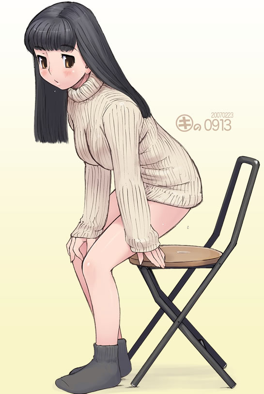 1girls 2d black_hair bottomless chair female kei_jiei momocan_egoism no_pants okappa original simple_background solo sweater