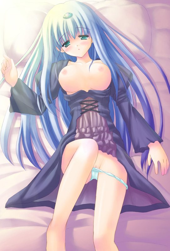 bed blue_hair blue_panties blush breasts dress dress_lift elemental_gelade female green_eyes long_hair lying nipples no_bra on_back open_clothes open_shirt panties pussy reverie_metherlence shirt solo uehiro underwear